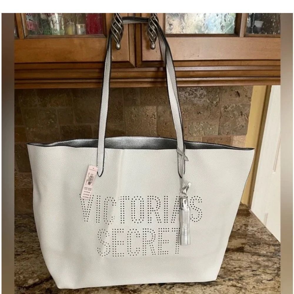 Victoria's Secret White Tote with Silver Trim and Logo Cutouts